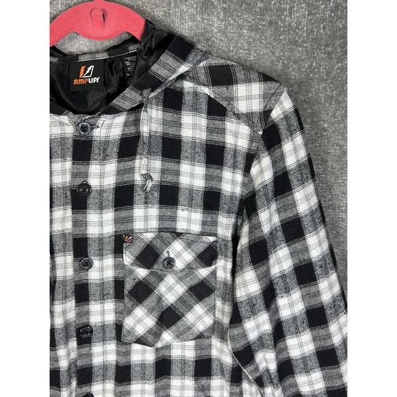 Amplify Lightweight Hooded Button Up Flannel Shirt Mens Large‎ Long Sleeve Black - Picture 4 of 15
